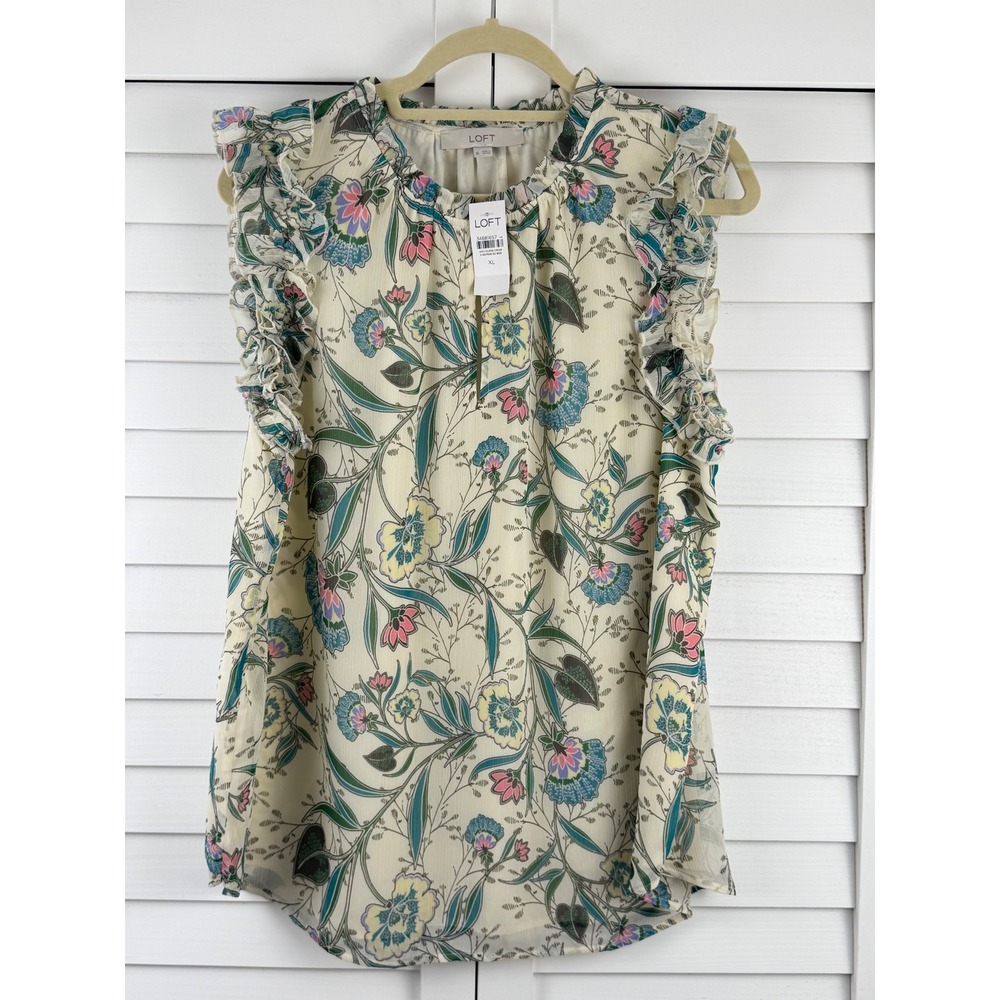 LOFT Shell Top XL Ivory Floral Ruffle Chiffon Sleeveless Blouse NEW